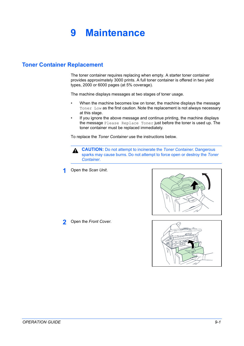9 maintenance, Toner container replacement, Maintenance | Toner container replacement -1 | TA Triumph-Adler DC 2316 User Manual | Page 67 / 163