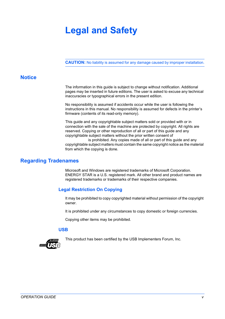 Legal and safety, Notice, Regarding tradenames | Legal restriction on copying | TA Triumph-Adler DC 2316 User Manual | Page 7 / 163