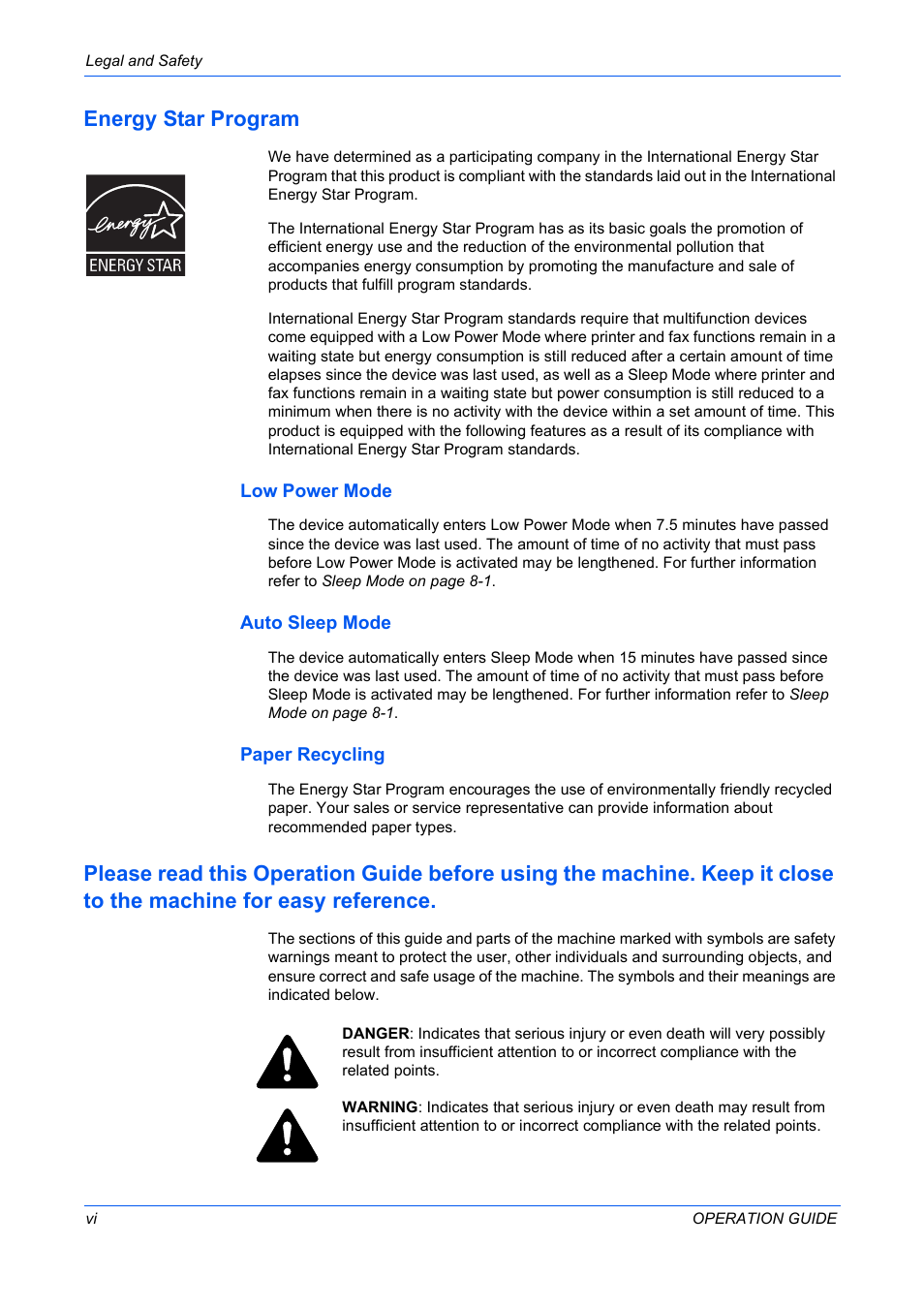 Energy star program, Low power mode, Auto sleep mode | Paper recycling | TA Triumph-Adler DC 2316 User Manual | Page 8 / 163