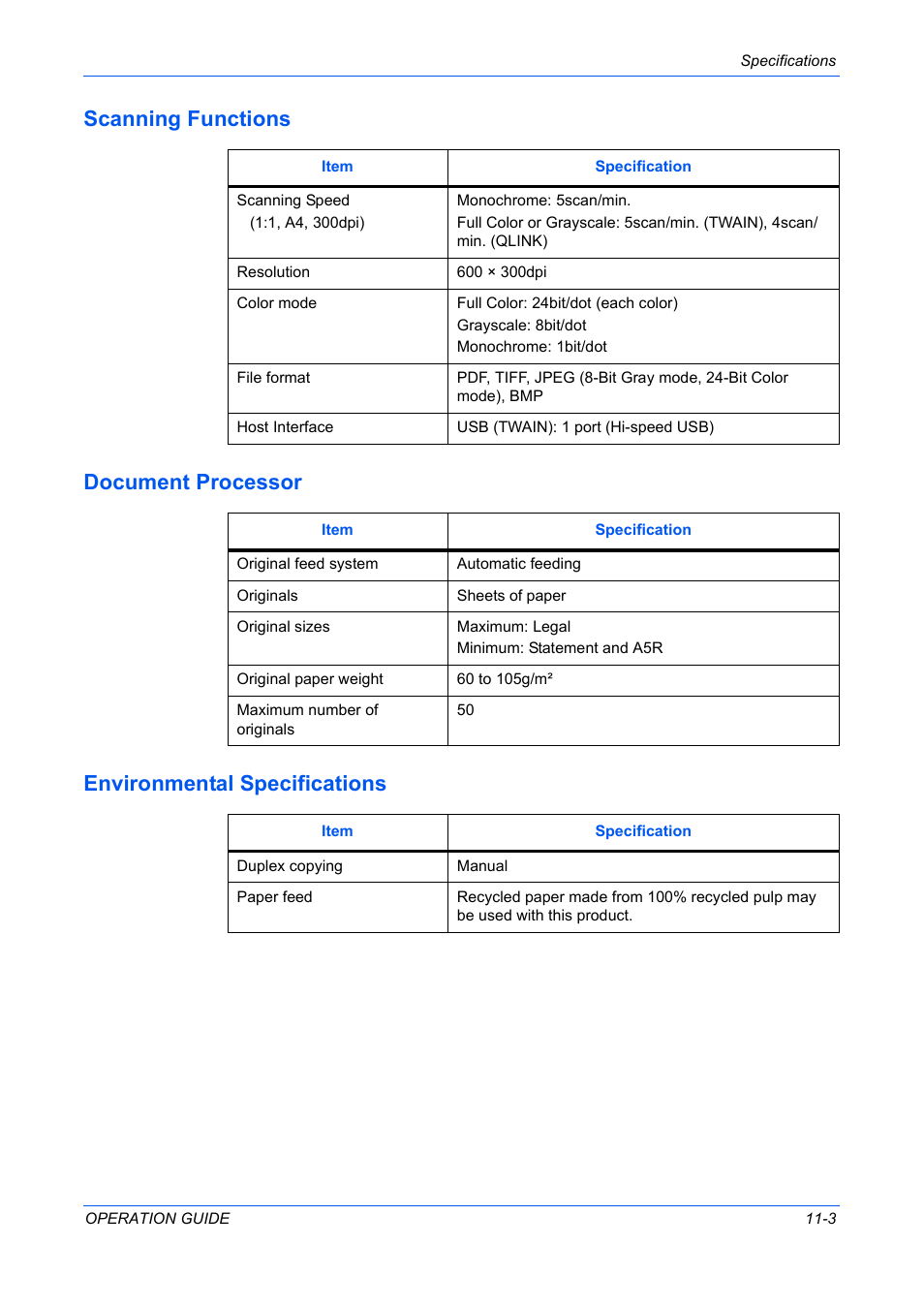 Scanning functions, Document processor, Environmental specifications | TA Triumph-Adler DC 2316 User Manual | Page 89 / 163