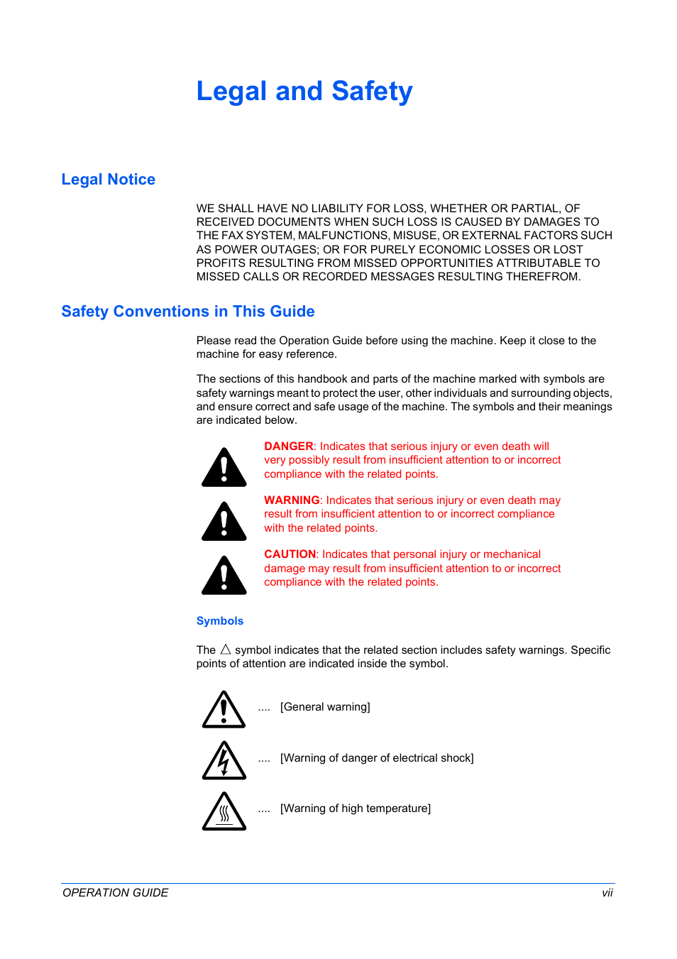 Legal and safety, Legal notice, Safety conventions in this guide | TA Triumph-Adler DC 2316 User Manual | Page 98 / 163