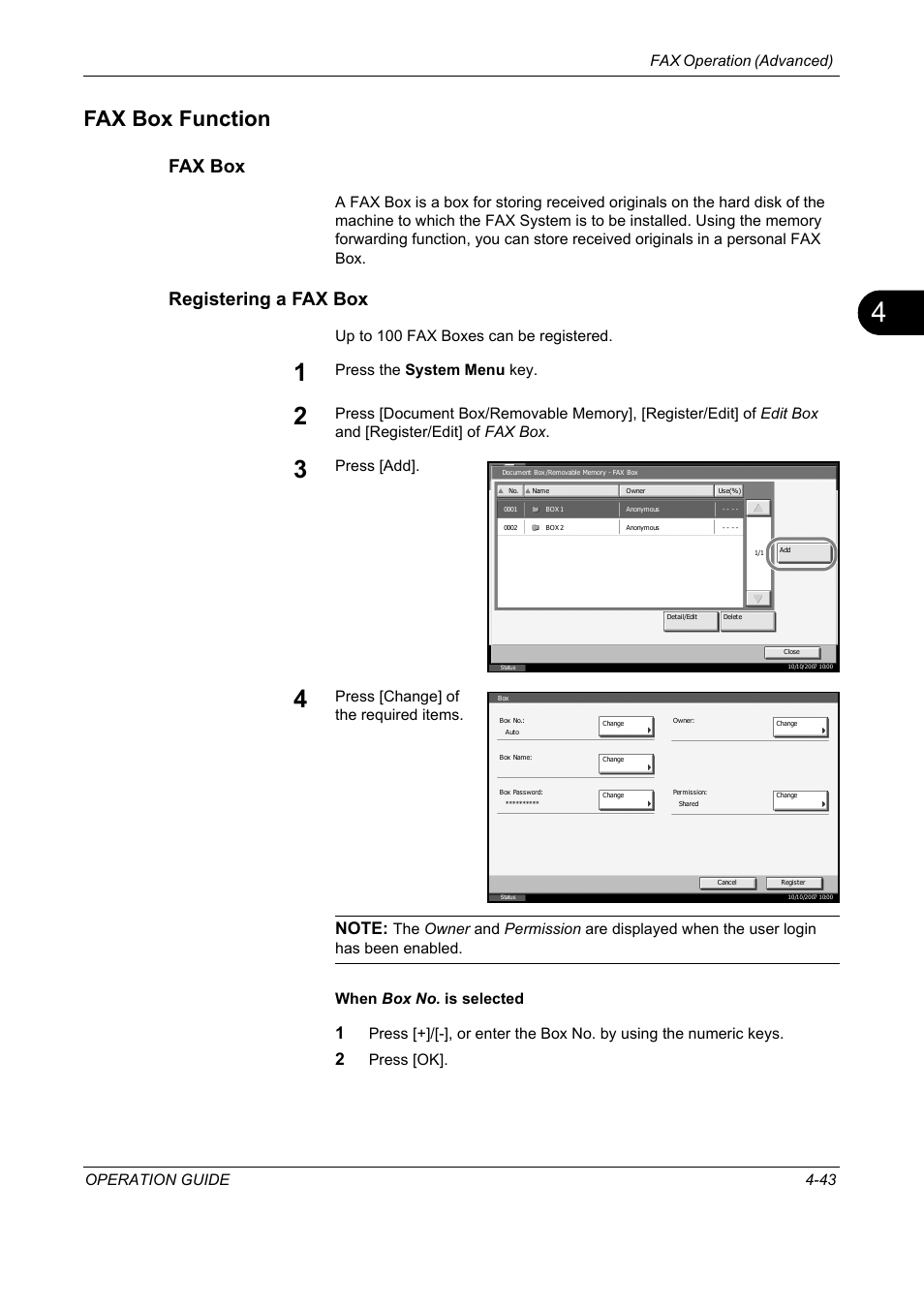 Fax box function, Fax box, Registering a fax box | Fax box function -43, Fax operation (advanced) operation guide 4-43, Up to 100 fax boxes can be registered, Press the system menu key, Press [add, Press [change] of the required items, Press [ok | TA Triumph-Adler DC 2325 User Manual | Page 109 / 240