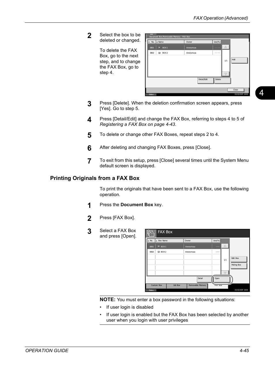 Printing originals from a fax box, Fax operation (advanced) operation guide 4-45, Press the document box key | Press [fax box, Select a fax box and press [open | TA Triumph-Adler DC 2325 User Manual | Page 111 / 240