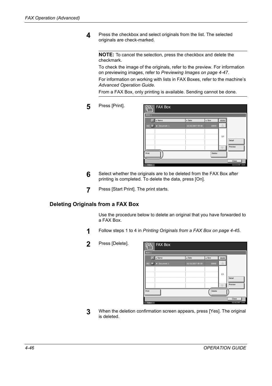 Deleting originals from a fax box, Fax operation (advanced) 4-46 operation guide, Press [print | Press [start print]. the print starts, Press [delete | TA Triumph-Adler DC 2325 User Manual | Page 112 / 240