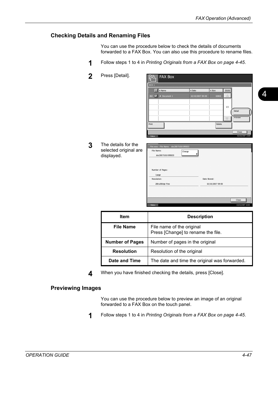 Checking details and renaming files, Previewing images, Fax operation (advanced) operation guide 4-47 | Press [detail | TA Triumph-Adler DC 2325 User Manual | Page 113 / 240