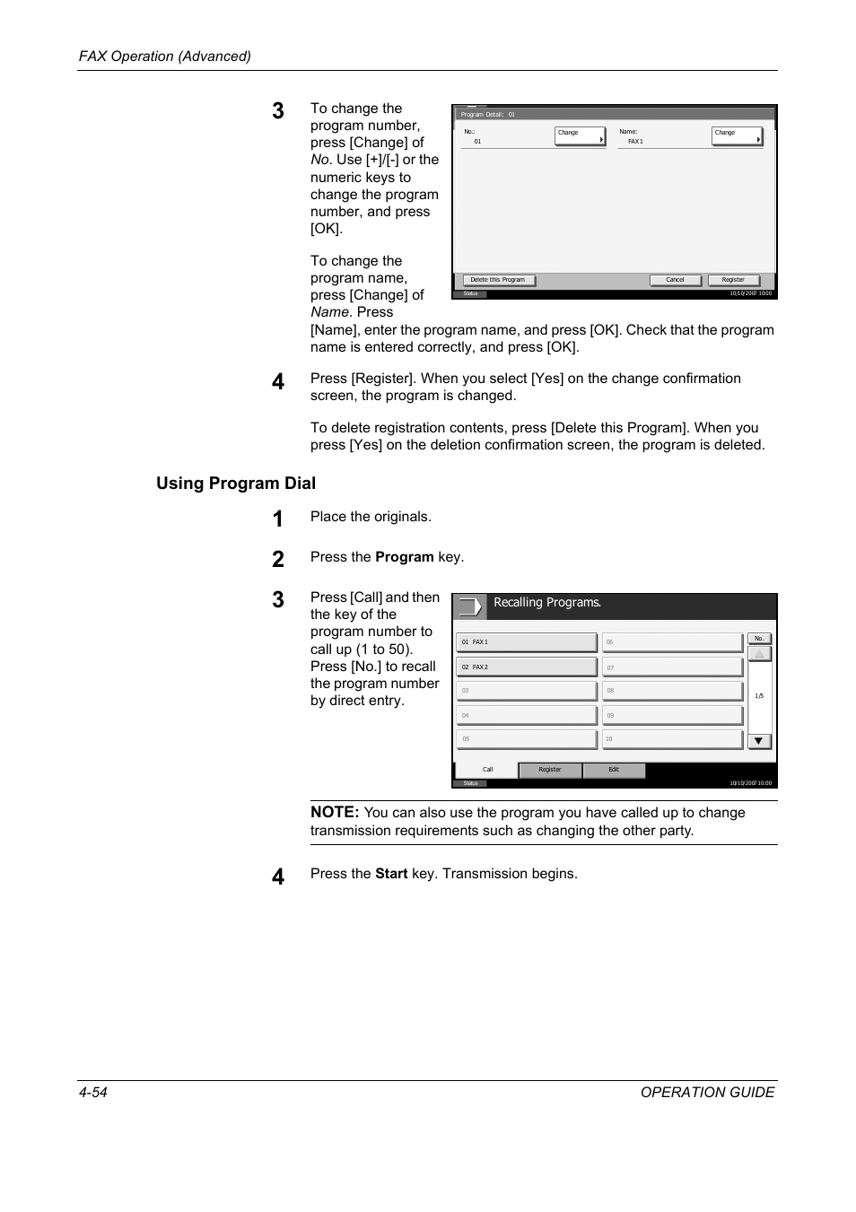 Using program dial, Fax operation (advanced) 4-54 operation guide, Place the originals | Press the program key, Press the start key. transmission begins | TA Triumph-Adler DC 2325 User Manual | Page 120 / 240