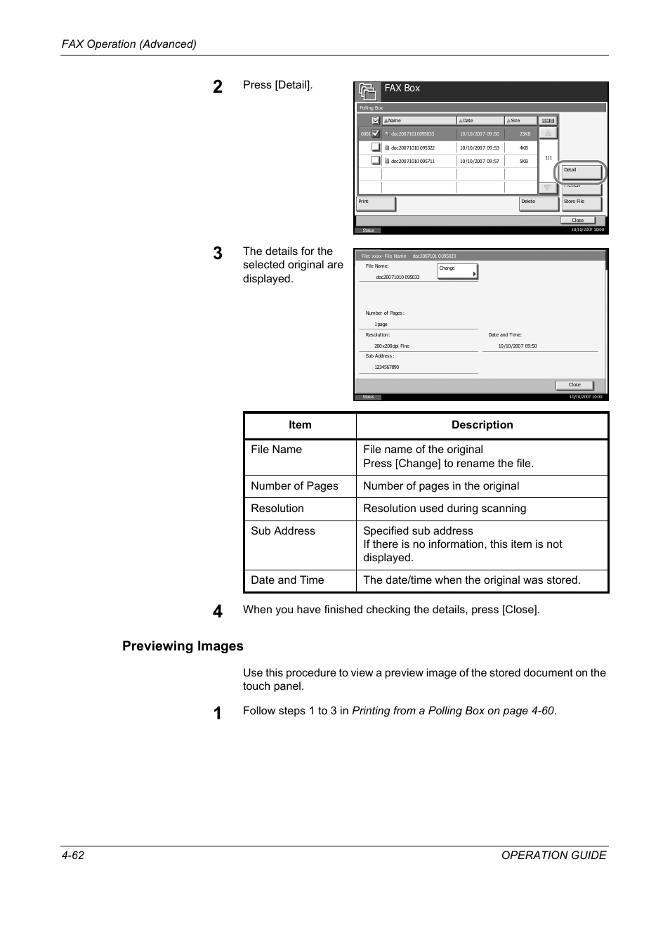 Previewing images, Fax operation (advanced) 4-62 operation guide, Press [detail | TA Triumph-Adler DC 2325 User Manual | Page 128 / 240