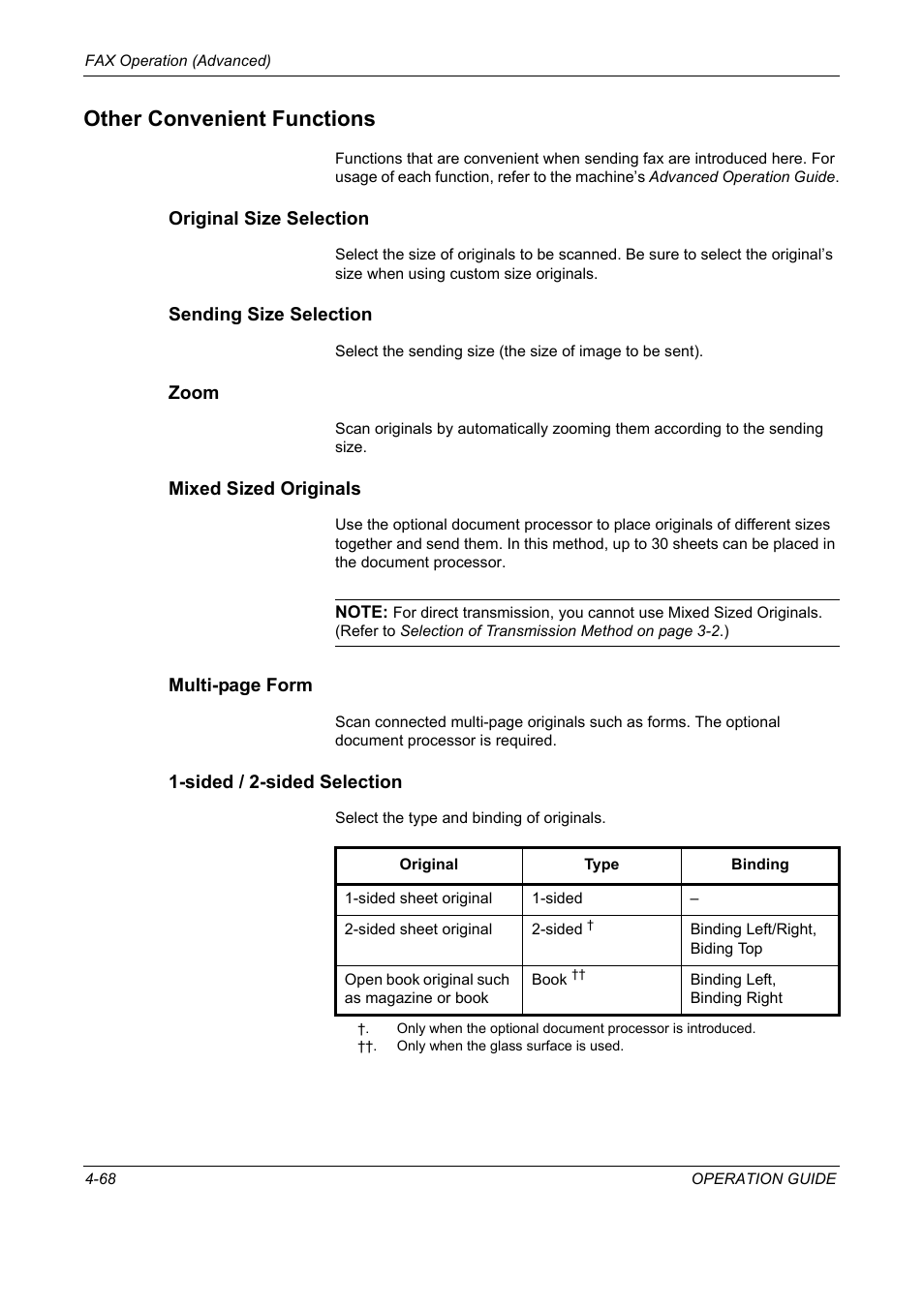 Other convenient functions, Original size selection, Sending size selection | Zoom, Mixed sized originals, Sided / 2-sided selection, Other convenient functions -68 | TA Triumph-Adler DC 2325 User Manual | Page 134 / 240