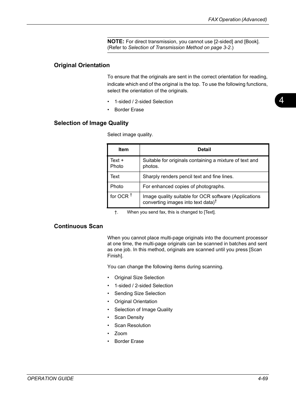 Original orientation, Selection of image quality, Continuous scan | TA Triumph-Adler DC 2325 User Manual | Page 135 / 240