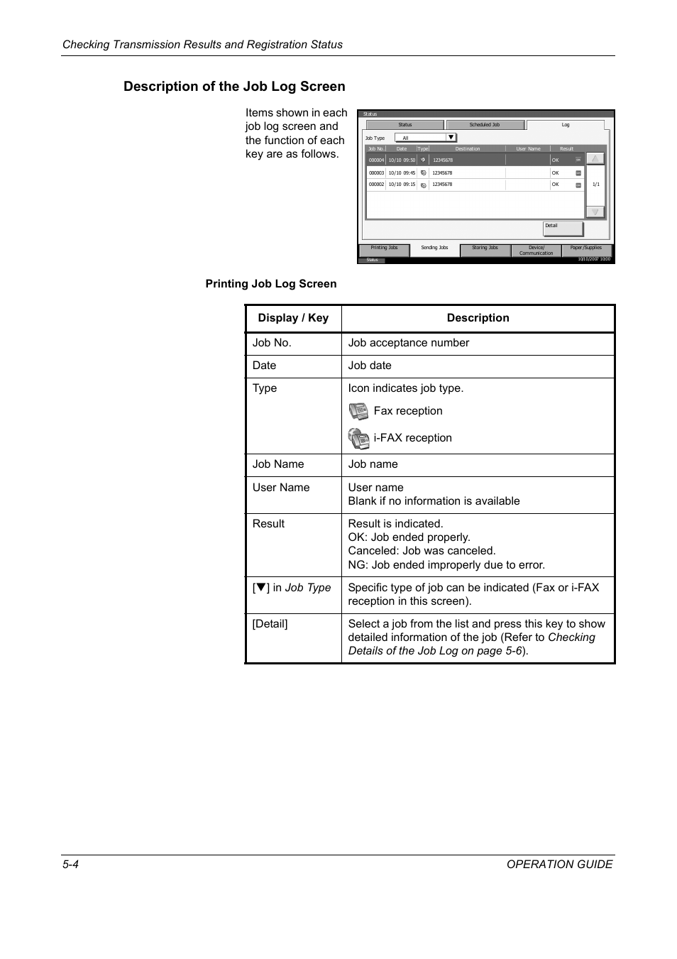 Description of the job log screen | TA Triumph-Adler DC 2325 User Manual | Page 142 / 240