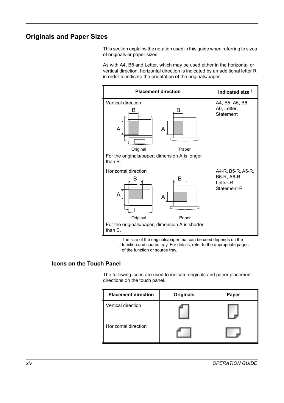 Originals and paper sizes, Icons on the touch panel | TA Triumph-Adler DC 2325 User Manual | Page 16 / 240