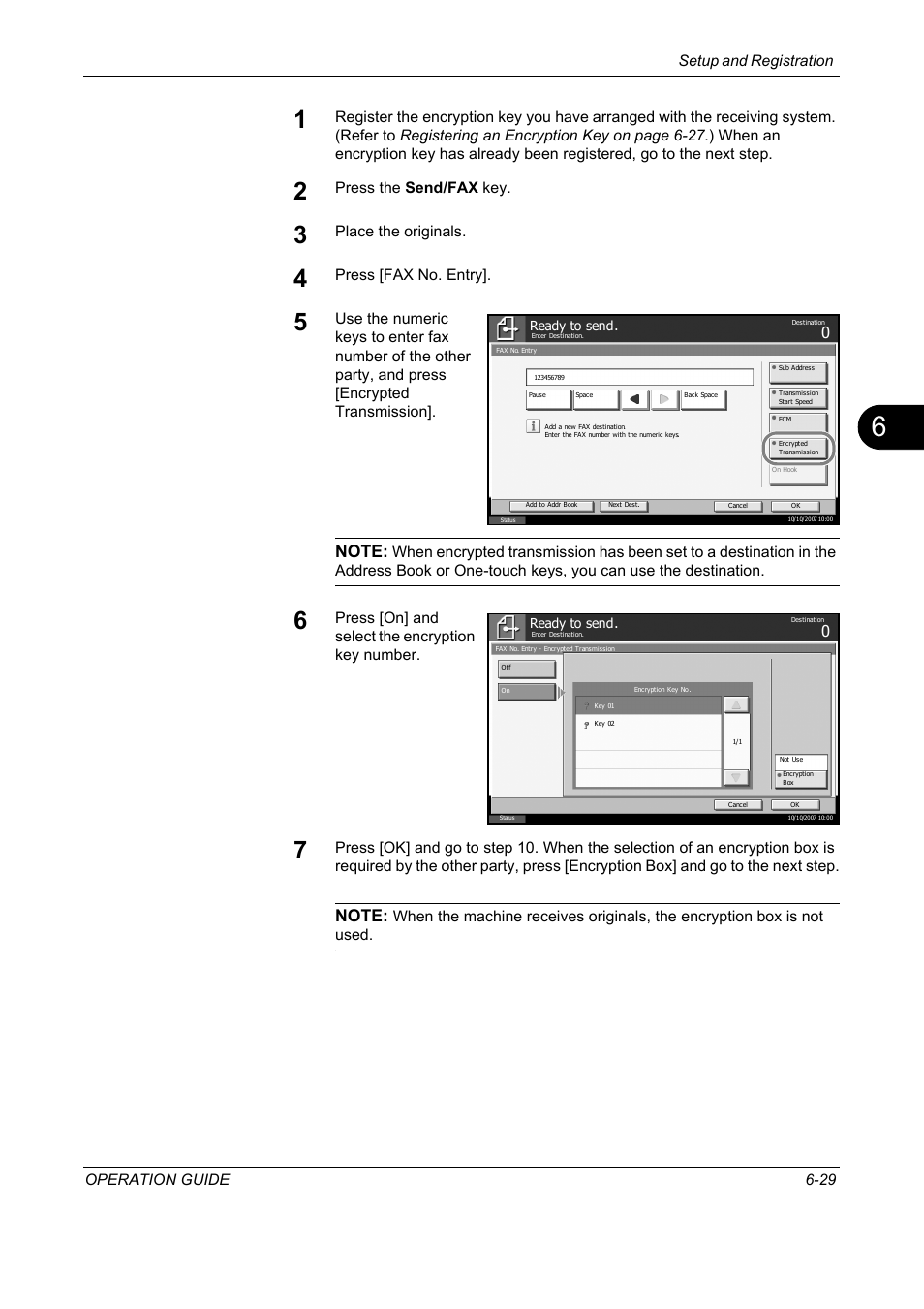 Setup and registration operation guide 6-29, Press the send/fax key, Place the originals | Press [fax no. entry, Press [on] and select the encryption key number | TA Triumph-Adler DC 2325 User Manual | Page 181 / 240