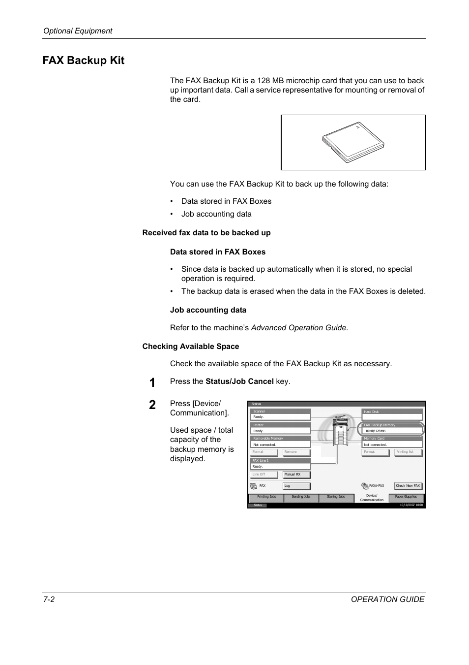 Fax backup kit, Fax backup kit -2, Optional equipment 7-2 operation guide | Press the status/job cancel key | TA Triumph-Adler DC 2325 User Manual | Page 188 / 240