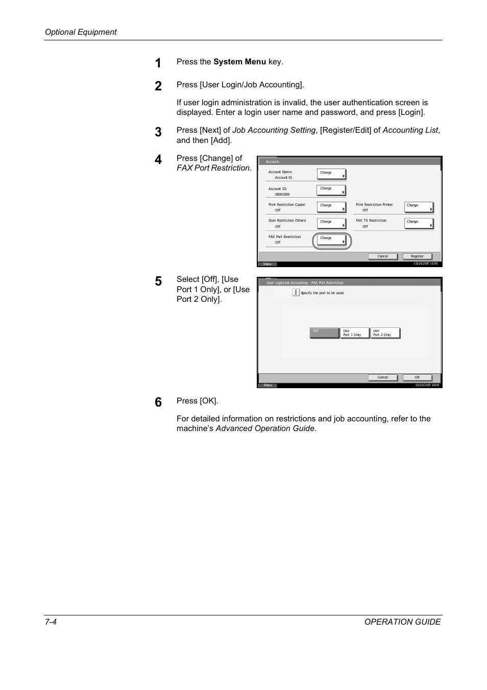 Optional equipment 7-4 operation guide, Press the system menu key, Press [change] of fax port restriction | TA Triumph-Adler DC 2325 User Manual | Page 190 / 240