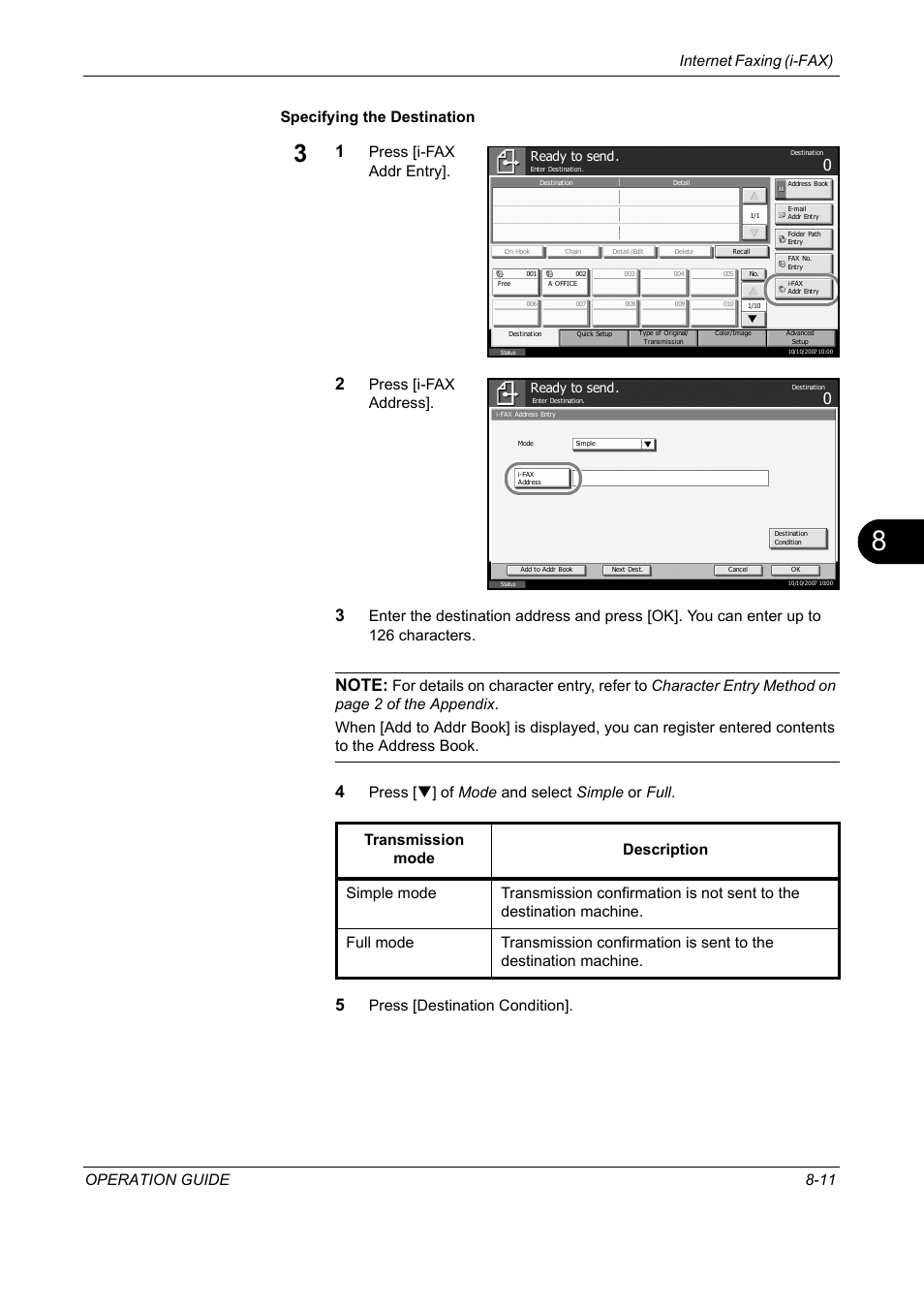 Internet faxing (i-fax) operation guide 8-11, Specifying the destination, Press [i-fax addr entry | Press [i-fax address, Press [t] of mode and select simple or full, Press [destination condition | TA Triumph-Adler DC 2325 User Manual | Page 201 / 240
