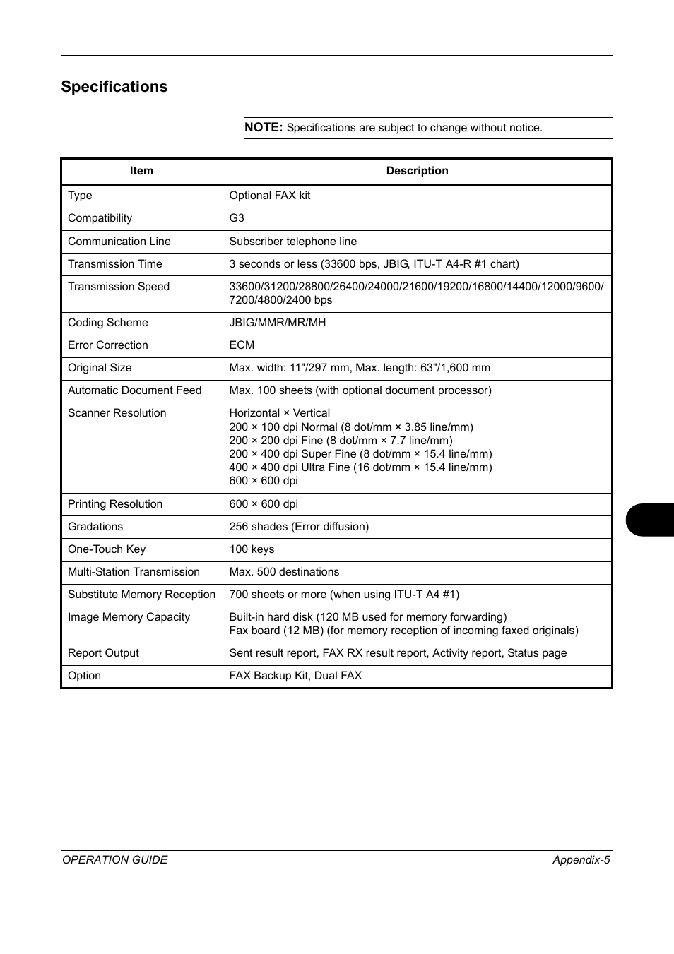 Specifications | TA Triumph-Adler DC 2325 User Manual | Page 223 / 240