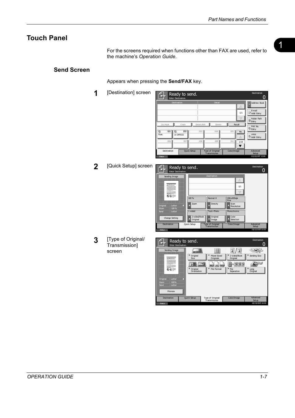Touch panel, Send screen, Touch panel -7 | Part names and functions operation guide 1-7, Appears when pressing the send/fax key, Destination] screen, Quick setup] screen, Type of original/ transmission] screen, Ready to send | TA Triumph-Adler DC 2325 User Manual | Page 23 / 240