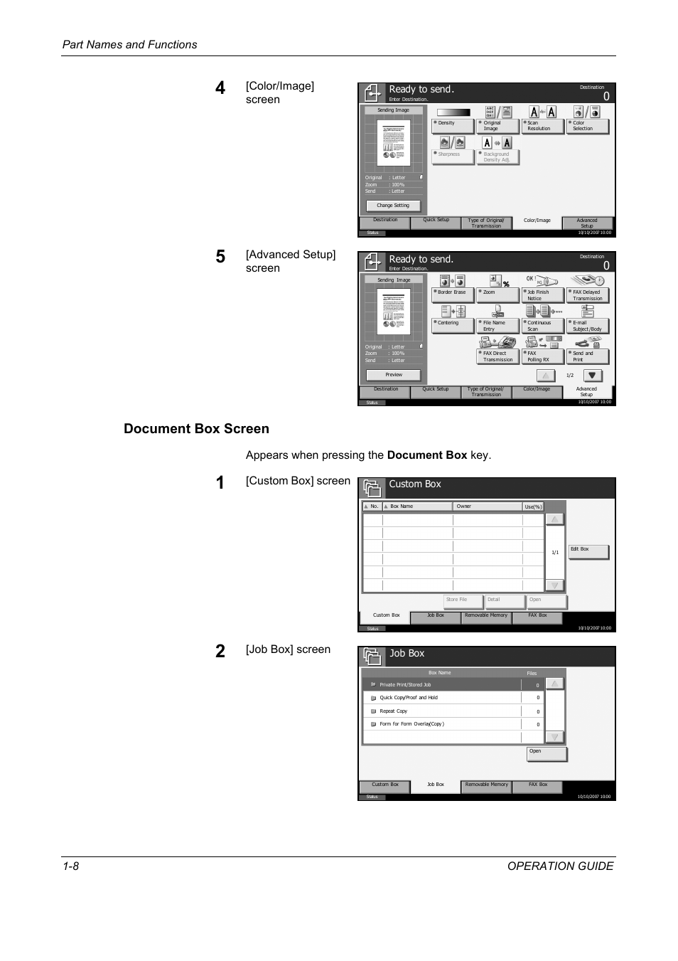 Document box screen, Part names and functions 1-8 operation guide, Color/image] screen | Advanced setup] screen, Appears when pressing the document box key, Custom box] screen, Job box] screen, Ready to send, Custom box, Job box | TA Triumph-Adler DC 2325 User Manual | Page 24 / 240