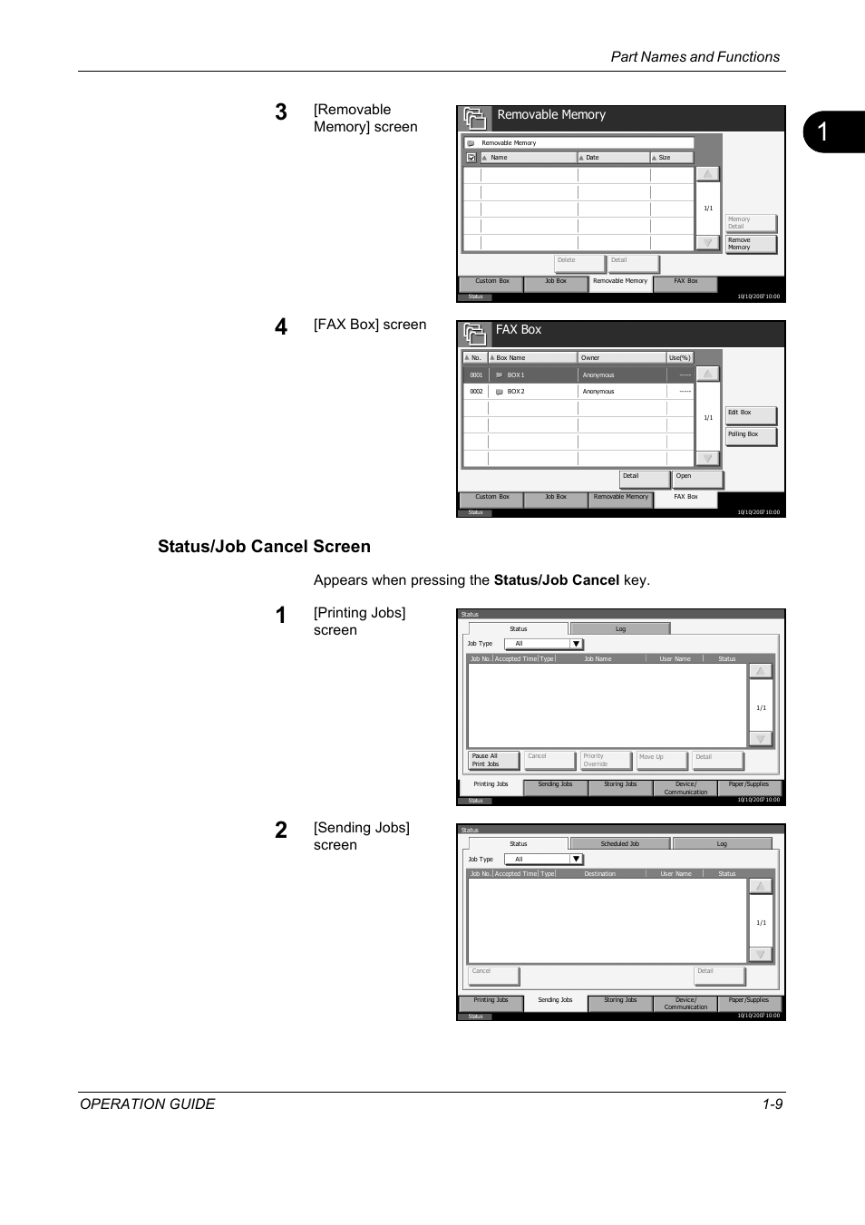 Status/job cancel screen, Part names and functions operation guide 1-9, Fax box] screen | Appears when pressing the status/job cancel key, Printing jobs] screen, Sending jobs] screen, Fax box | TA Triumph-Adler DC 2325 User Manual | Page 25 / 240