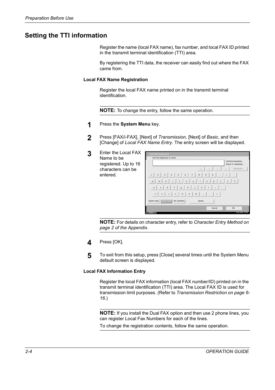 Setting the tti information, Setting the tti information -4, Preparation before use 2-4 operation guide | Press the system menu key, Press [ok | TA Triumph-Adler DC 2325 User Manual | Page 30 / 240