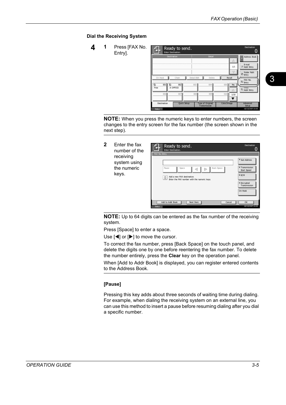 Fax operation (basic) operation guide 3-5, Dial the receiving system, Press [fax no. entry | Ready to send | TA Triumph-Adler DC 2325 User Manual | Page 37 / 240