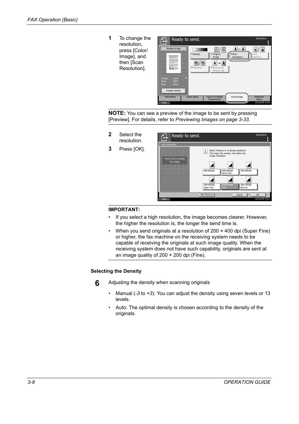 Fax operation (basic) 3-8 operation guide, Select the resolution | TA Triumph-Adler DC 2325 User Manual | Page 40 / 240
