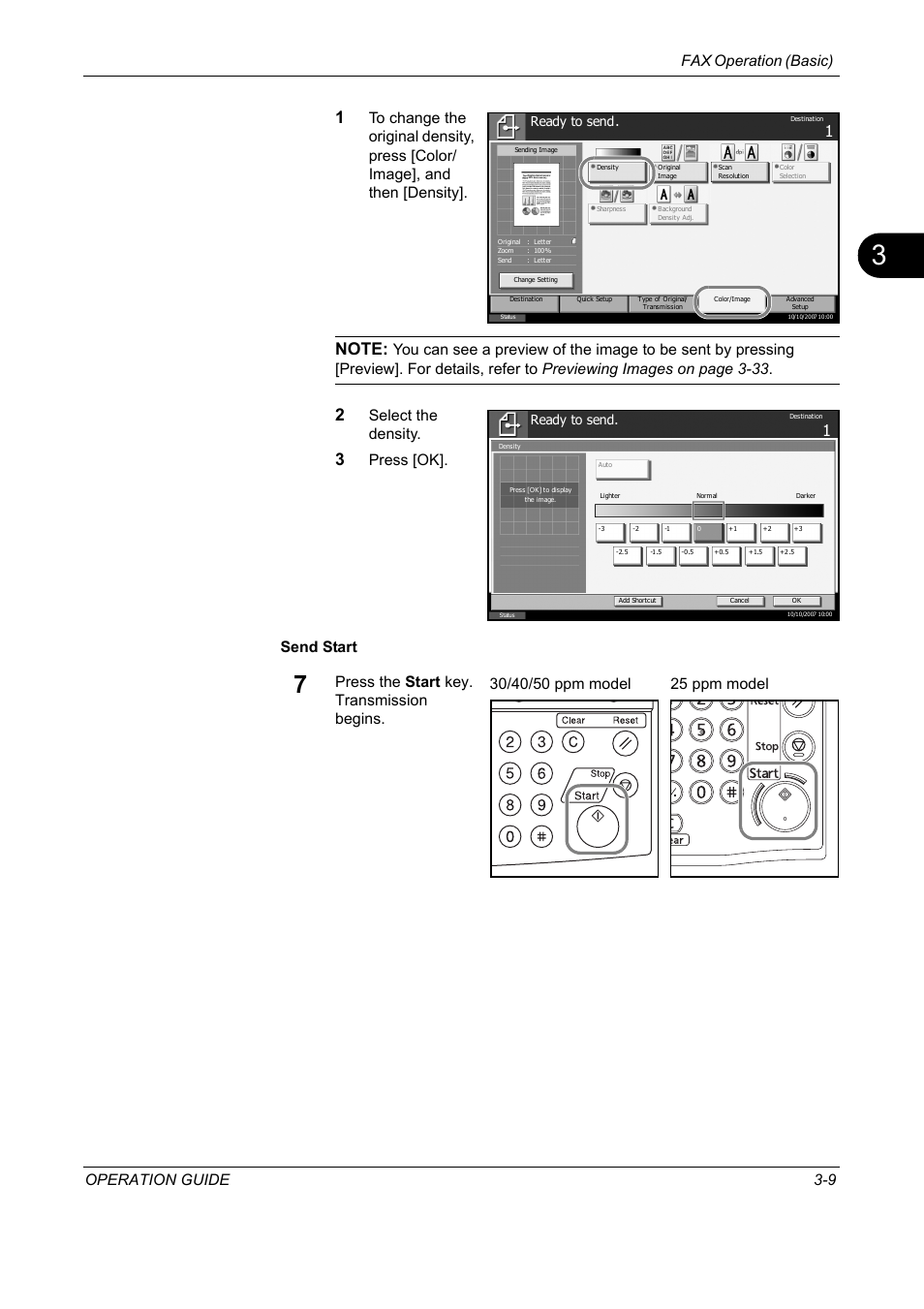Fax operation (basic) operation guide 3-9, Select the density, Press [ok]. send start | Press the start key. transmission begins, Ready to send | TA Triumph-Adler DC 2325 User Manual | Page 41 / 240