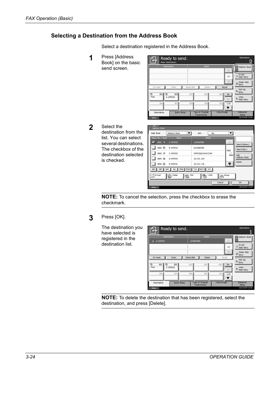 Selecting a destination from the address book, Fax operation (basic) 3-24 operation guide, Press [address book] on the basic send screen | Ready to send | TA Triumph-Adler DC 2325 User Manual | Page 56 / 240