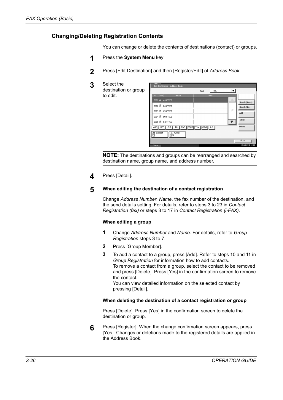 Changing/deleting registration contents, Fax operation (basic) 3-26 operation guide, Press the system menu key | Select the destination or group to edit, Press [detail, Press [group member | TA Triumph-Adler DC 2325 User Manual | Page 58 / 240