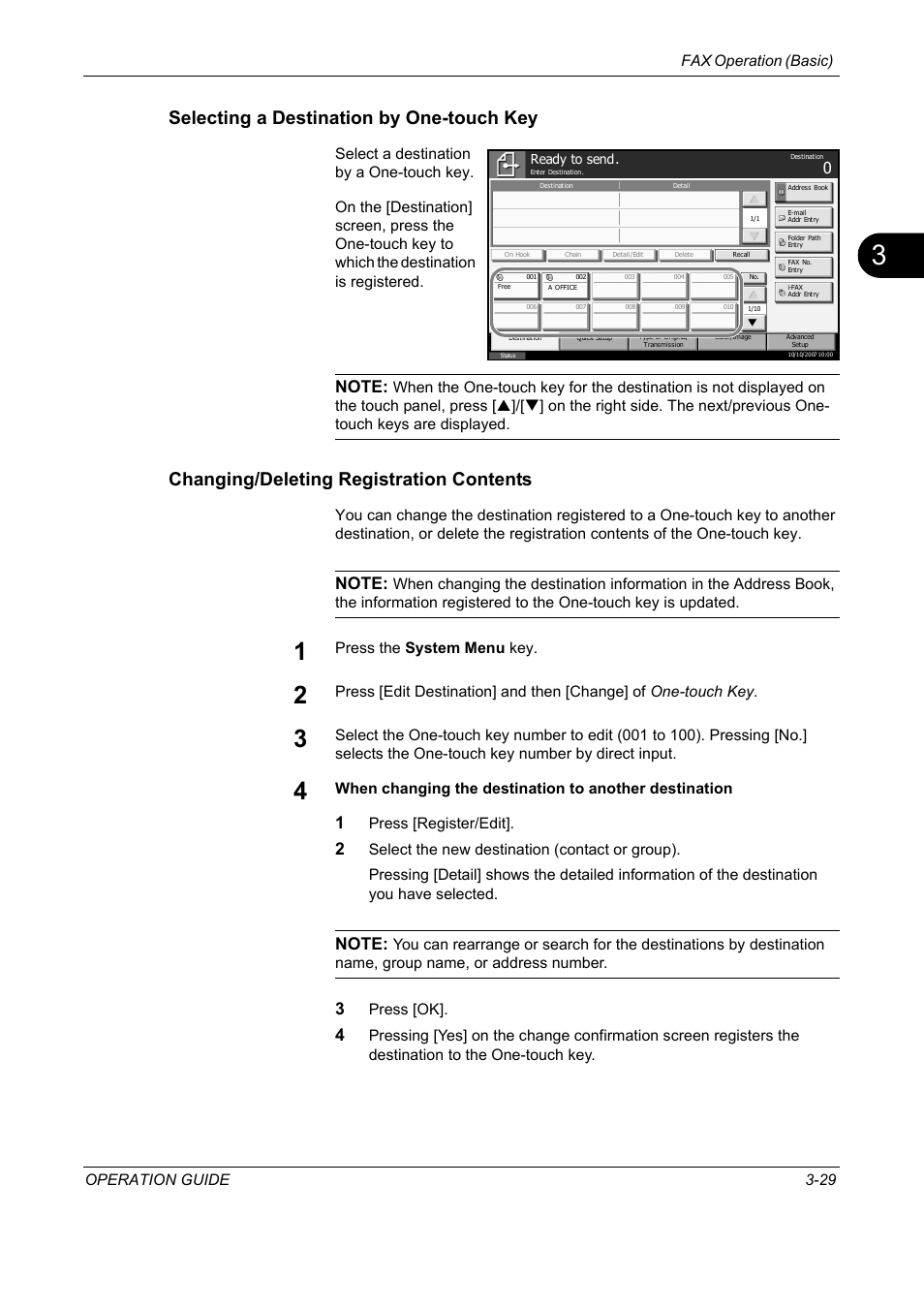 Selecting a destination by one-touch key, Changing/deleting registration contents, Fax operation (basic) operation guide 3-29 | Press the system menu key, Press [register/edit, Press [ok | TA Triumph-Adler DC 2325 User Manual | Page 61 / 240