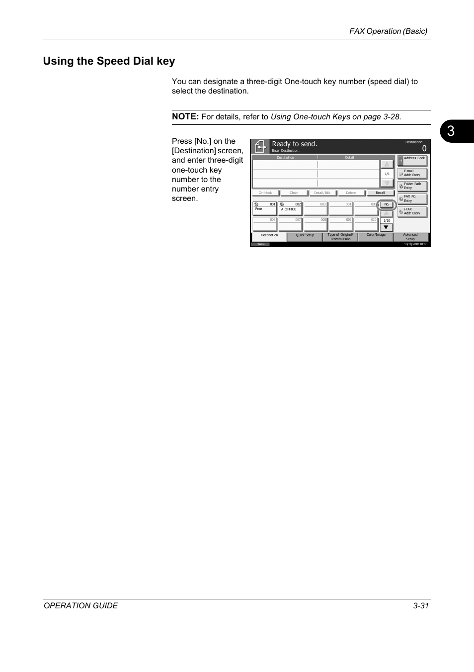 Using the speed dial key, Using the speed dial key -31, Fax operation (basic) operation guide 3-31 | Ready to send | TA Triumph-Adler DC 2325 User Manual | Page 63 / 240