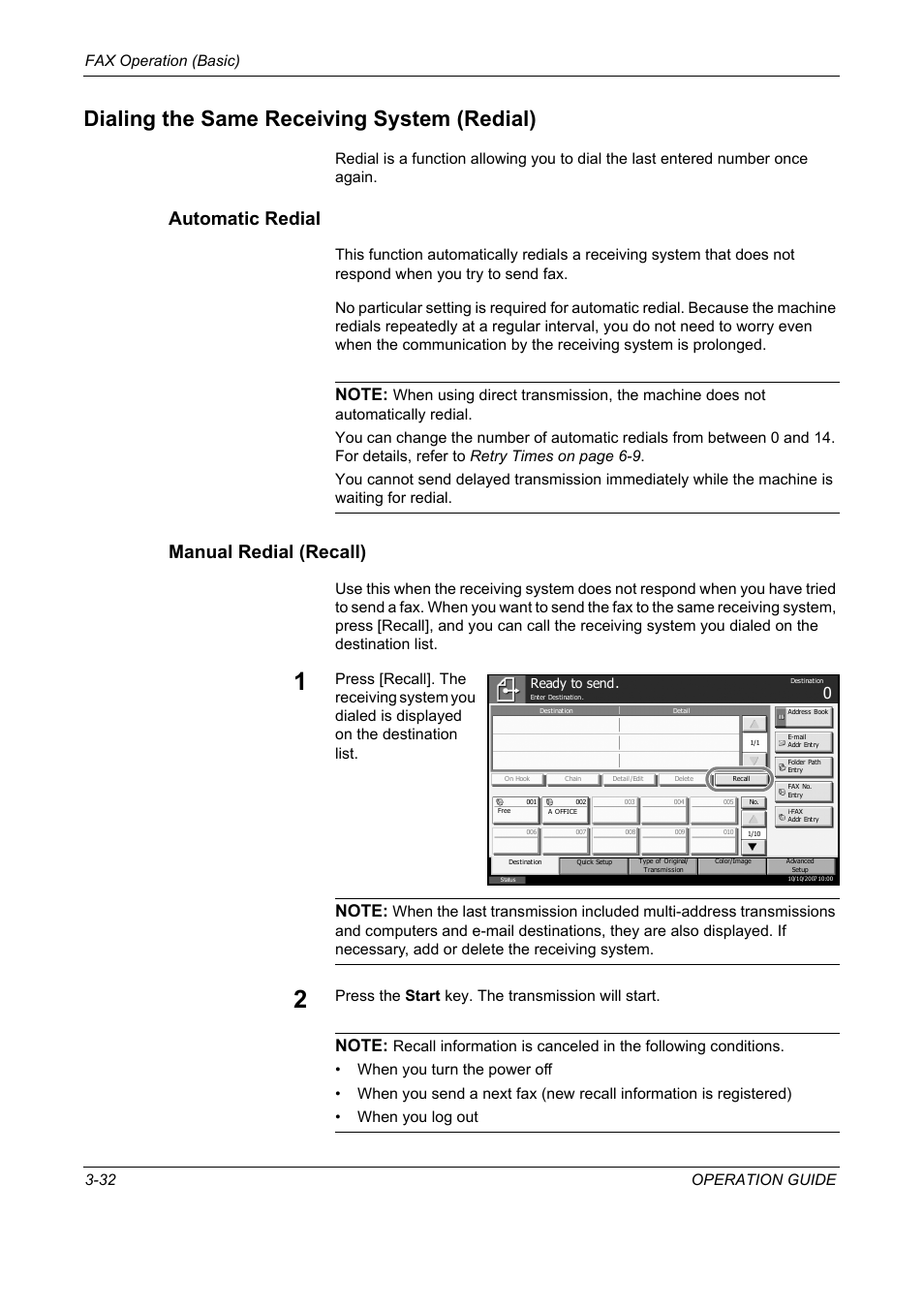 Dialing the same receiving system (redial), Automatic redial, Manual redial (recall) | Dialing the same receiving system (redial) -32, Fax operation (basic) 3-32 operation guide, Press the start key. the transmission will start | TA Triumph-Adler DC 2325 User Manual | Page 64 / 240