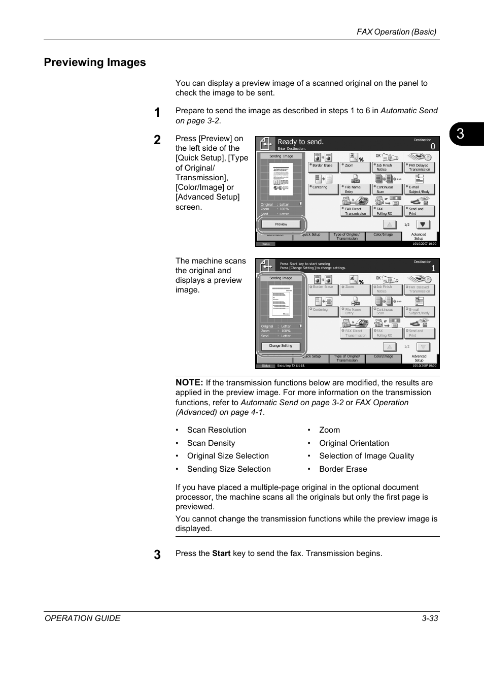 Previewing images, Previewing images -33, Fax operation (basic) operation guide 3-33 | Ready to send | TA Triumph-Adler DC 2325 User Manual | Page 65 / 240