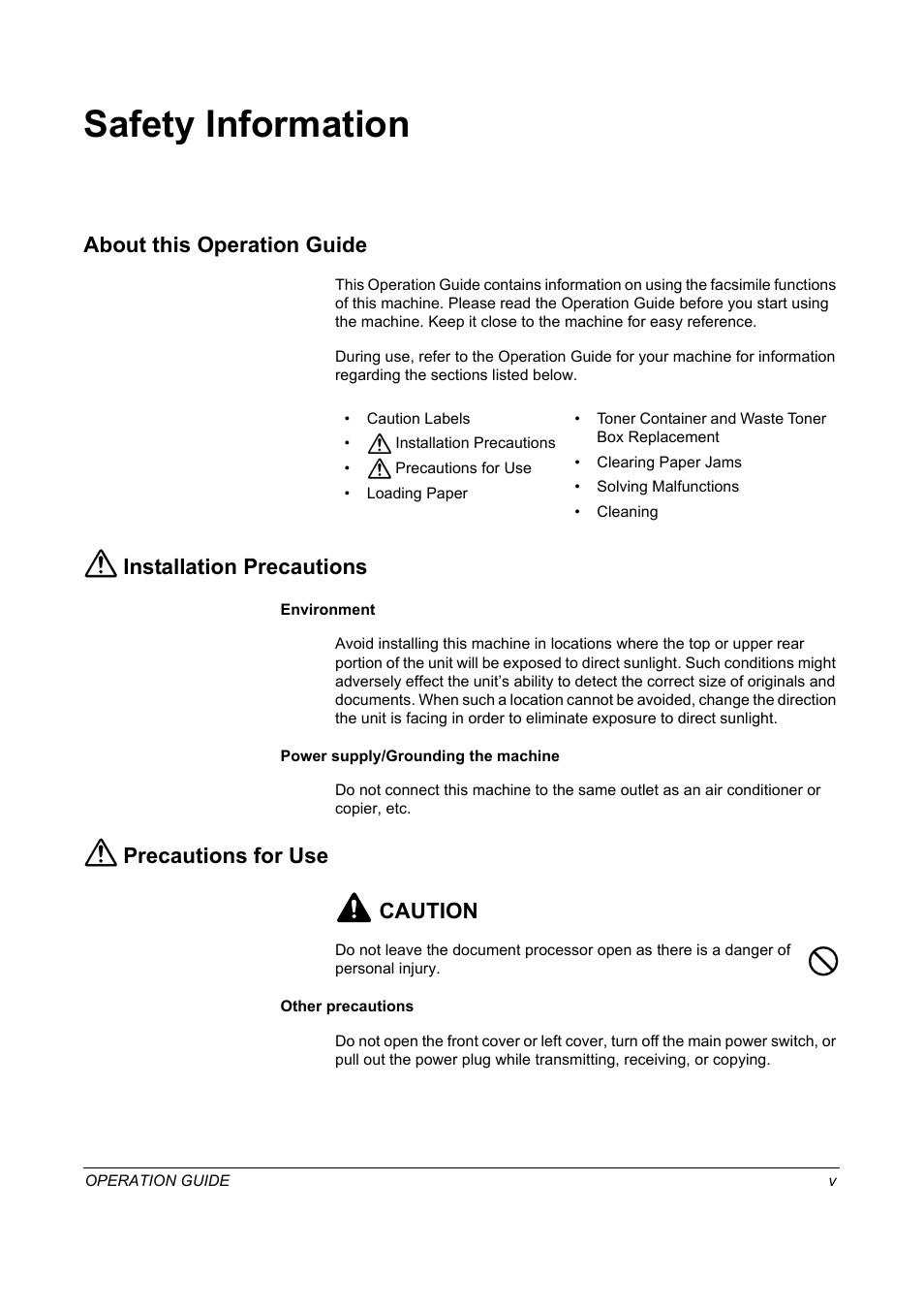 Safety information, About this operation guide, Installation precautions | Precautions for use, Precautions for use caution | TA Triumph-Adler DC 2325 User Manual | Page 7 / 240