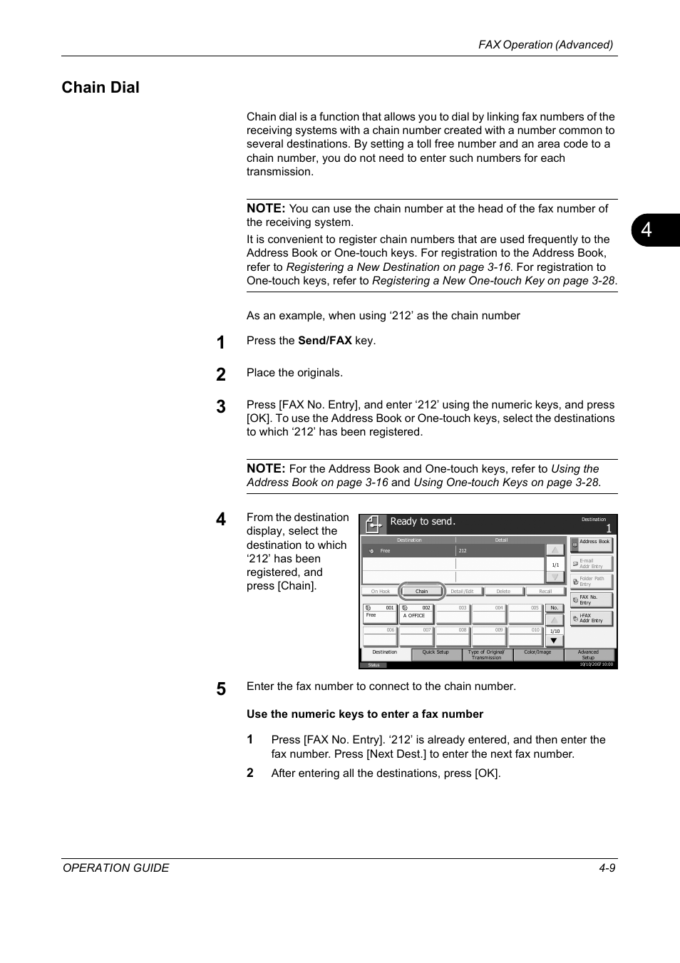 Chain dial, Chain dial -9, Fax operation (advanced) operation guide 4-9 | Press the send/fax key, Place the originals, After entering all the destinations, press [ok | TA Triumph-Adler DC 2325 User Manual | Page 75 / 240