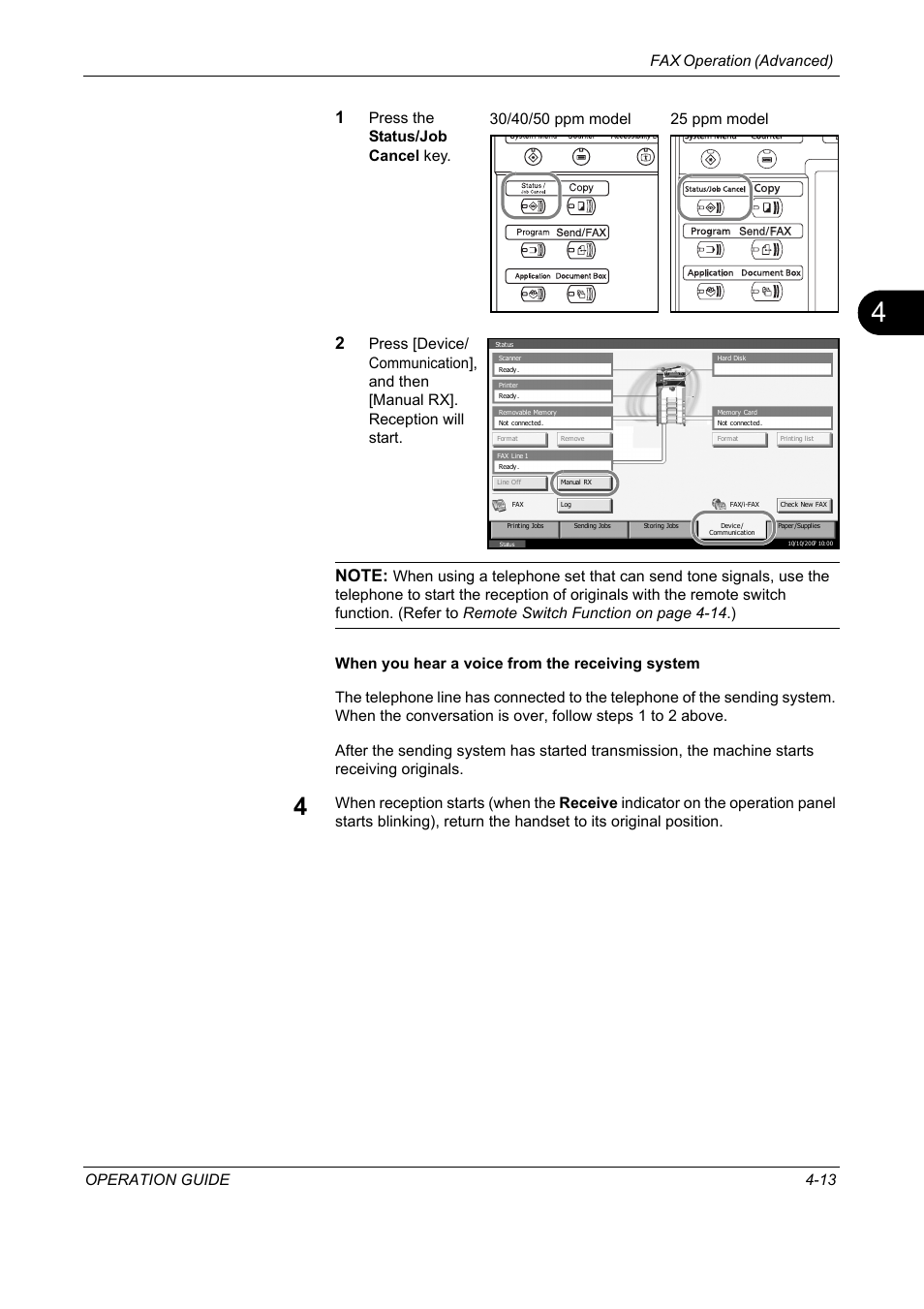 Fax operation (advanced) operation guide 4-13, Press the status/job cancel key | TA Triumph-Adler DC 2325 User Manual | Page 79 / 240