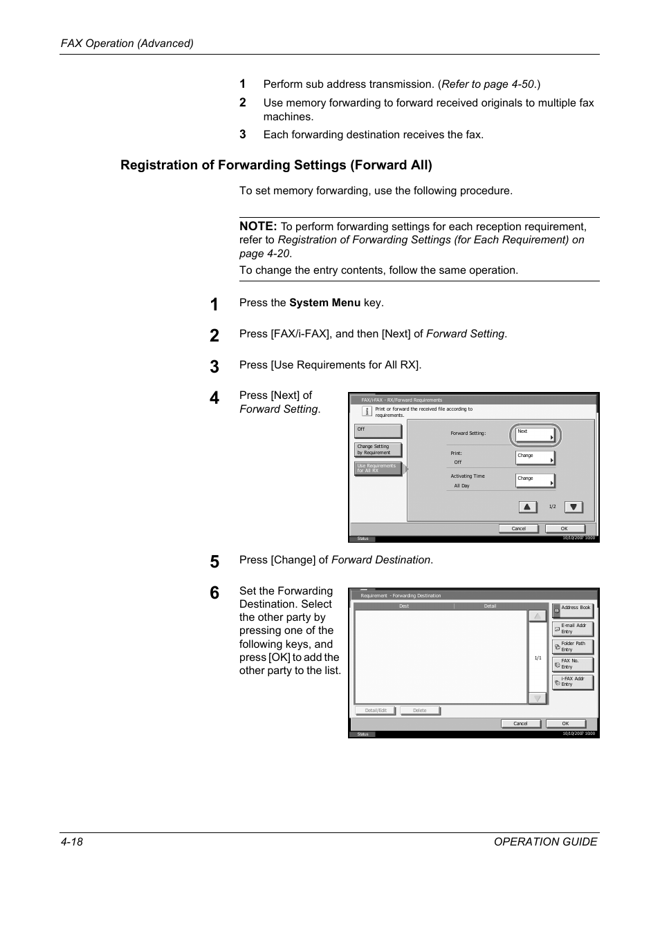 Registration of forwarding settings (forward all), Fax operation (advanced) 4-18 operation guide, Each forwarding destination receives the fax | Press the system menu key, Press [use requirements for all rx, Press [next] of forward setting, Press [change] of forward destination | TA Triumph-Adler DC 2325 User Manual | Page 84 / 240
