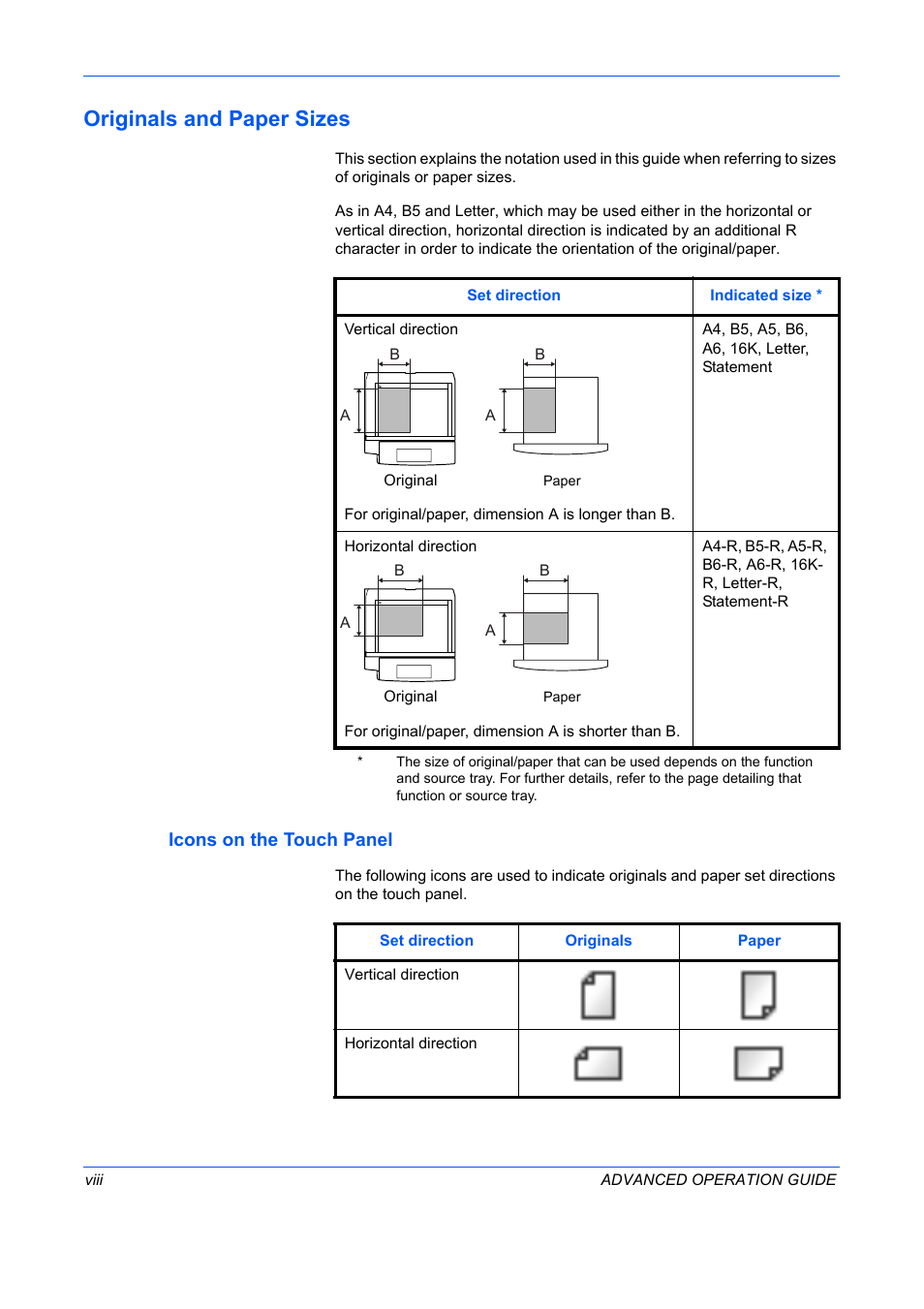 Originals and paper sizes, Icons on the touch panel | TA Triumph-Adler DC 2325 User Manual | Page 10 / 311