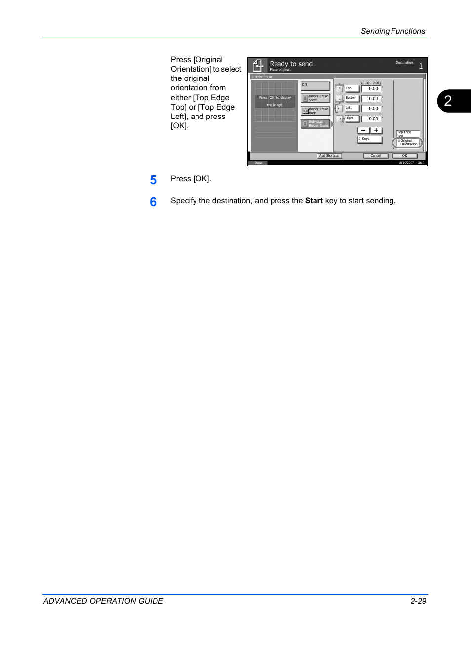 Sending functions advanced operation guide 2-29, Press [ok, Ready to send | TA Triumph-Adler DC 2325 User Manual | Page 103 / 311