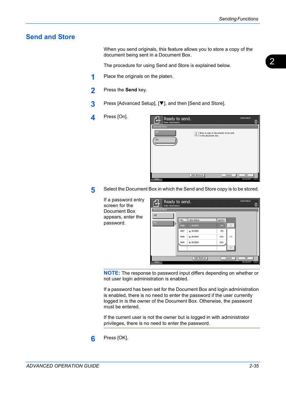Send and store, Send and store -35, Sending functions advanced operation guide 2-35 | Place the originals on the platen, Press the send key, Press [on, Press [ok | TA Triumph-Adler DC 2325 User Manual | Page 109 / 311