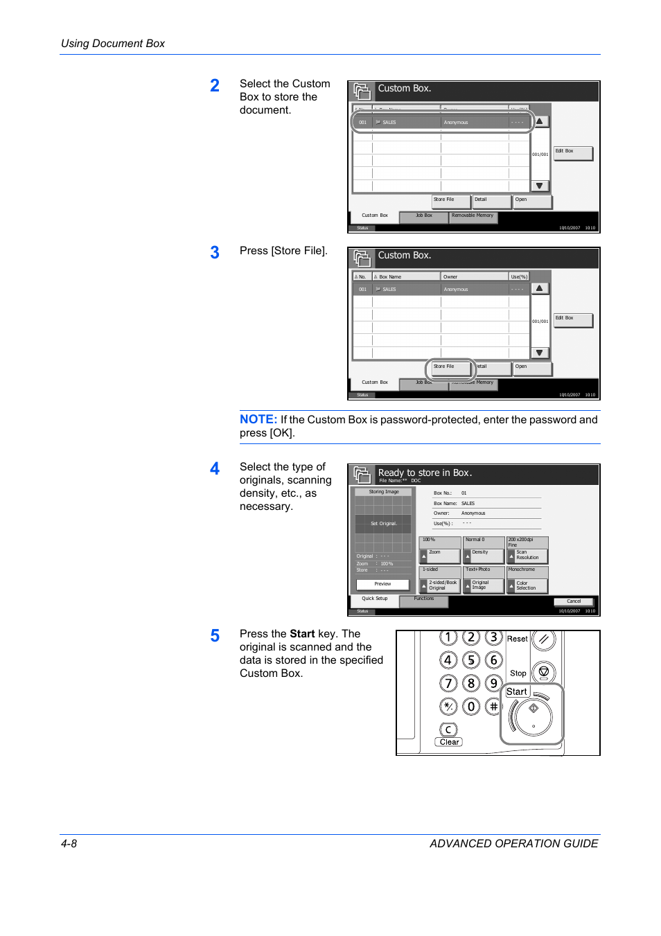 Using document box 4-8 advanced operation guide, Select the custom box to store the document, Press [store file | Custom box, Ready to store in box | TA Triumph-Adler DC 2325 User Manual | Page 126 / 311