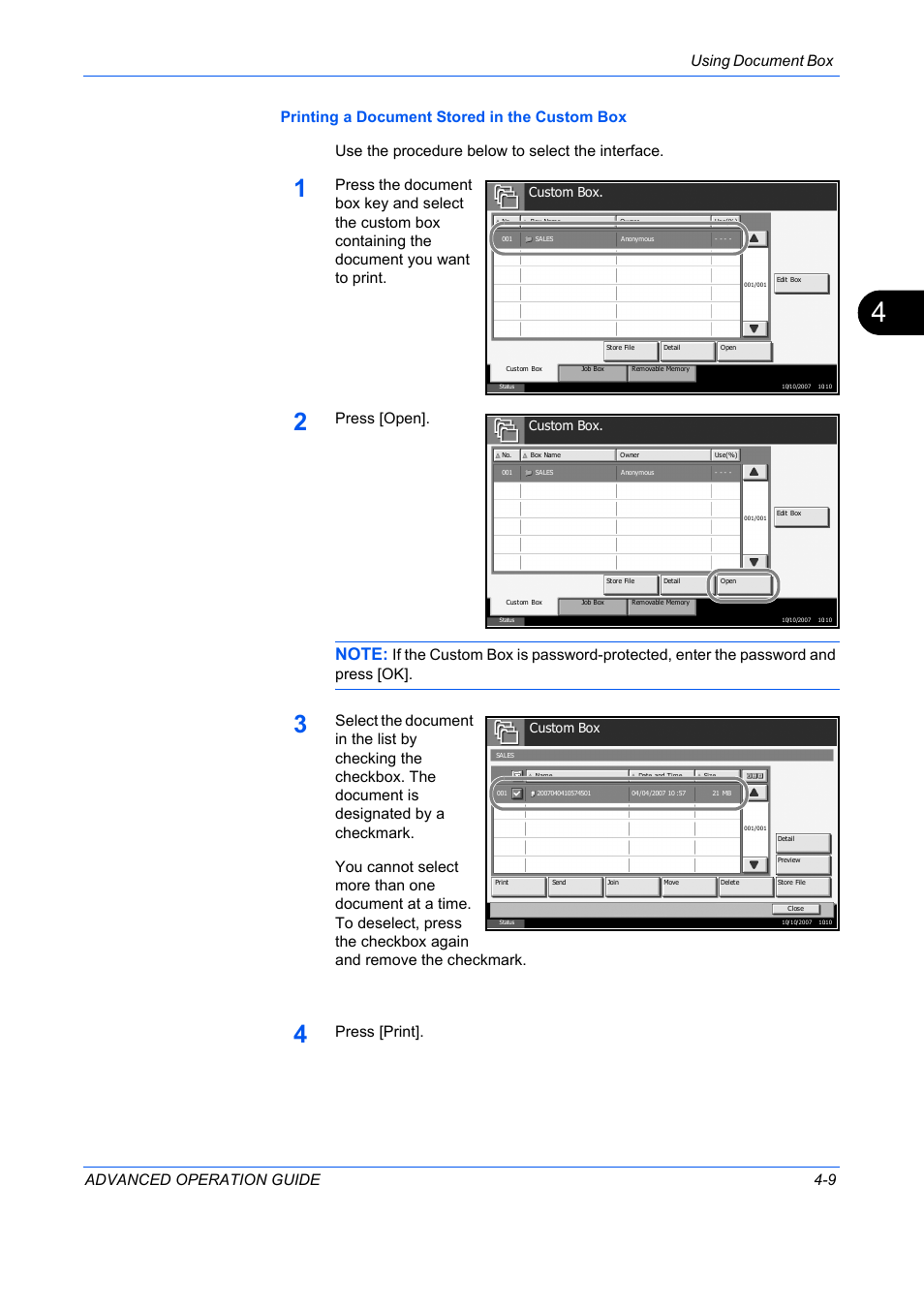 Using document box advanced operation guide 4-9, Press [open, Press [print | Custom box | TA Triumph-Adler DC 2325 User Manual | Page 127 / 311