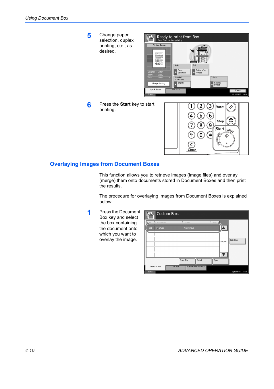 Overlaying images from document boxes, Using document box 4-10 advanced operation guide, Press the start key to start printing | Ready to print from box, Custom box | TA Triumph-Adler DC 2325 User Manual | Page 128 / 311