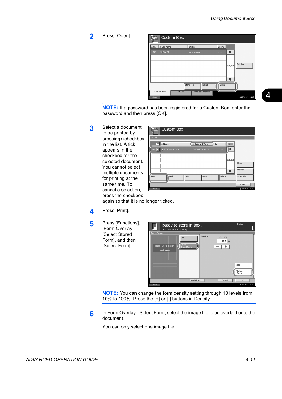Using document box advanced operation guide 4-11, Press [open, Press [print | Custom box, Ready to store in box | TA Triumph-Adler DC 2325 User Manual | Page 129 / 311