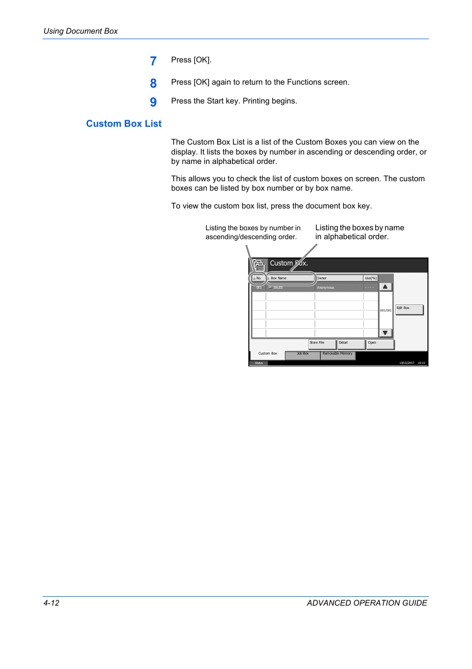 Custom box list, Using document box 4-12 advanced operation guide, Press [ok | Press [ok] again to return to the functions screen, Press the start key. printing begins, Listing the boxes by name in alphabetical order | TA Triumph-Adler DC 2325 User Manual | Page 130 / 311