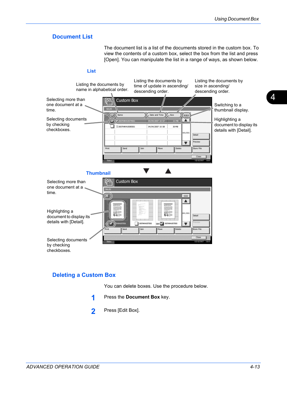 Document list, Deleting a custom box, Using document box advanced operation guide 4-13 | You can delete boxes. use the procedure below, Press the document box key, Press [edit box, Thumbnail | TA Triumph-Adler DC 2325 User Manual | Page 131 / 311