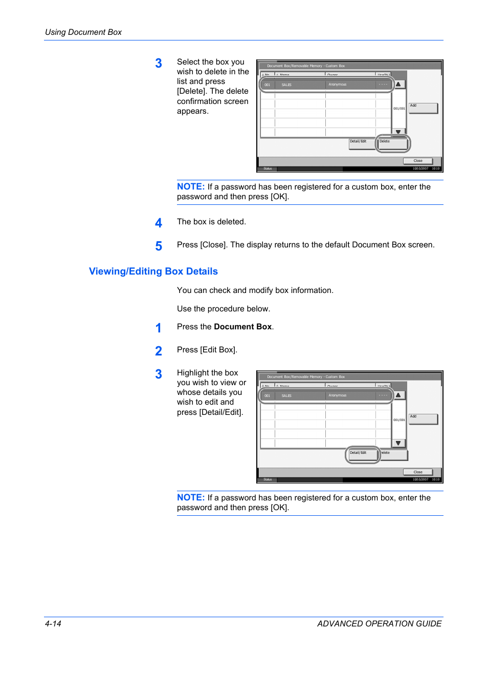 Viewing/editing box details, Using document box 4-14 advanced operation guide, The box is deleted | Press the document box, Press [edit box | TA Triumph-Adler DC 2325 User Manual | Page 132 / 311