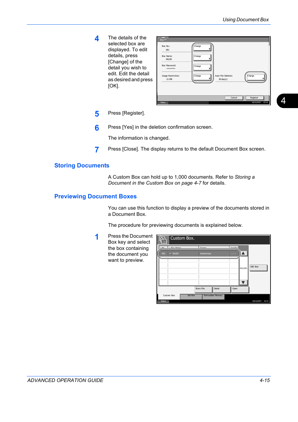 Storing documents, Previewing document boxes, Using document box advanced operation guide 4-15 | Press [register | TA Triumph-Adler DC 2325 User Manual | Page 133 / 311