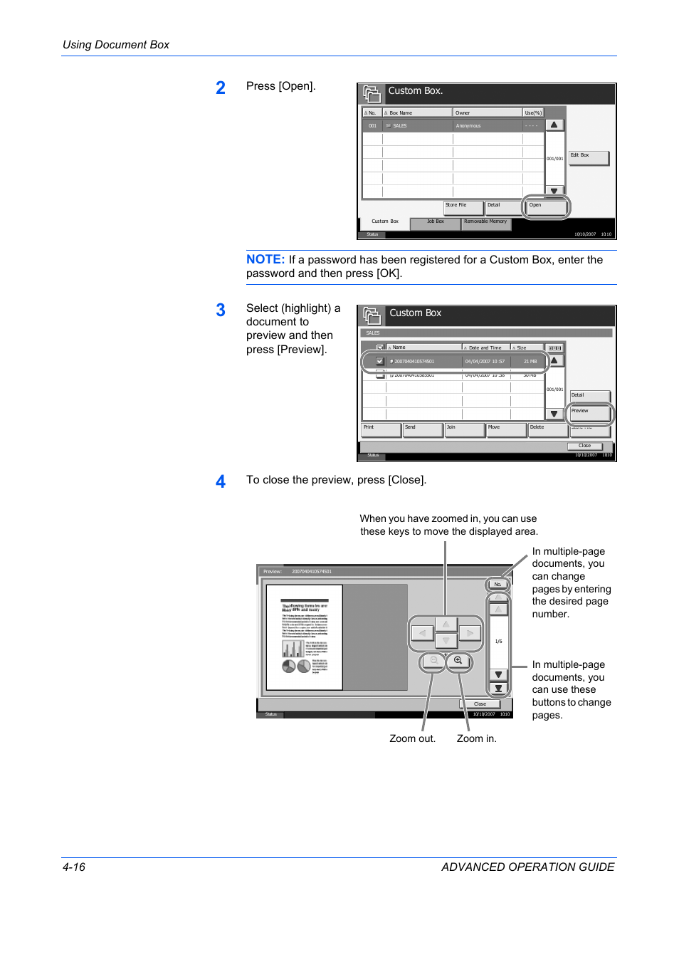 Using document box 4-16 advanced operation guide, Press [open, Custom box | TA Triumph-Adler DC 2325 User Manual | Page 134 / 311
