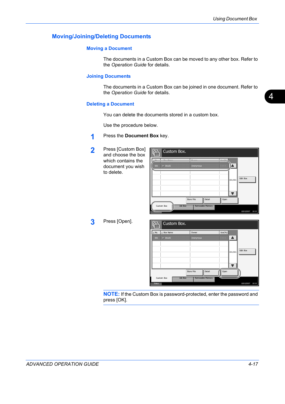 Moving/joining/deleting documents, Using document box advanced operation guide 4-17, Press the document box key | Press [open | TA Triumph-Adler DC 2325 User Manual | Page 135 / 311